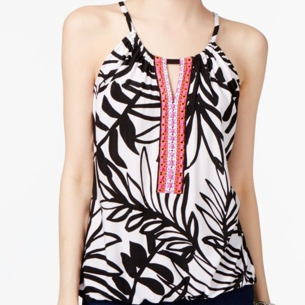 INC Black/White Beaded Printed Sleeveless Top szL
